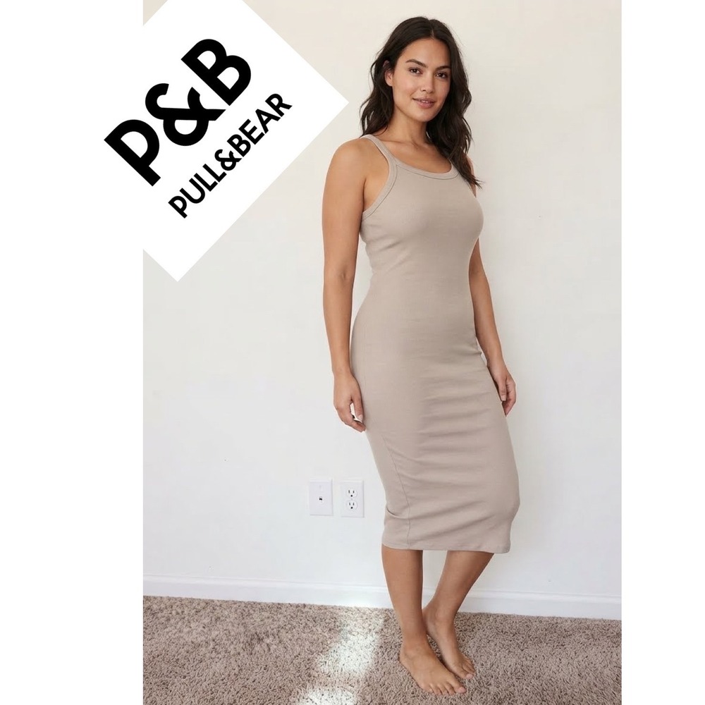 Pull&Bear Ribbed Midi Bodycon Dress Taupe Beige Racerback Size Medium